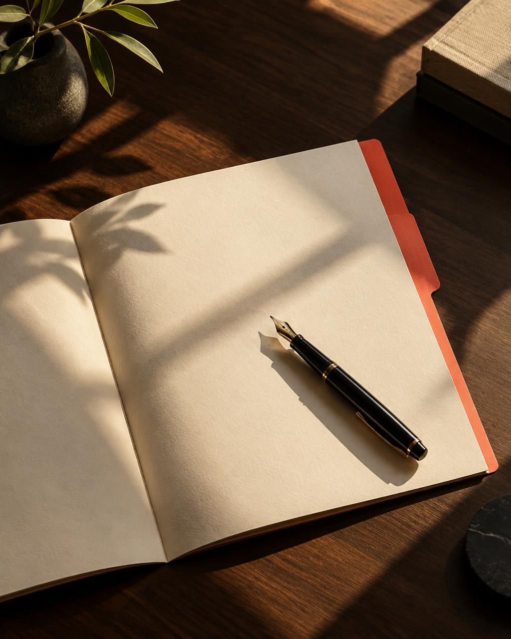 An open career dossier beside a fountain pen